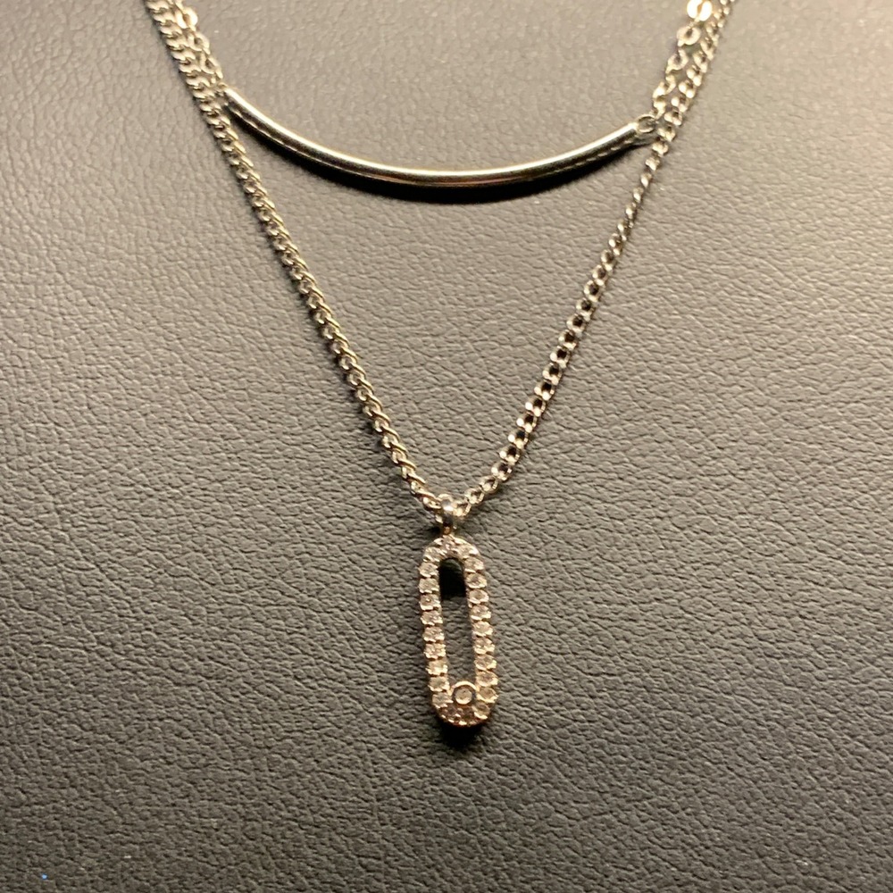 S925 Sterling Silver Layered Necklace Pave Oval Link and Bar Pendant